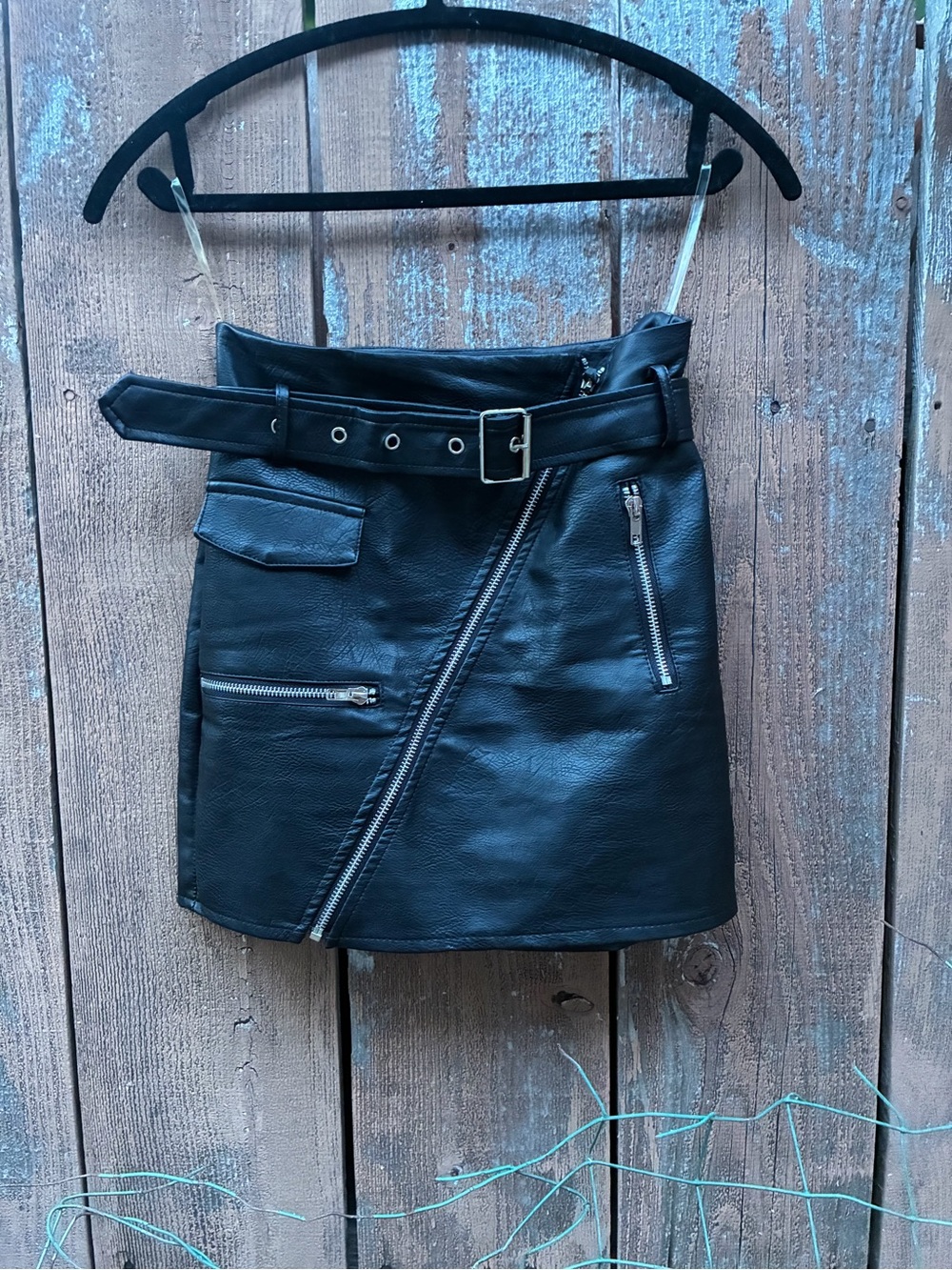 Zara Black Faux Leather Asymmetric Zip Mini Skirt with Belt